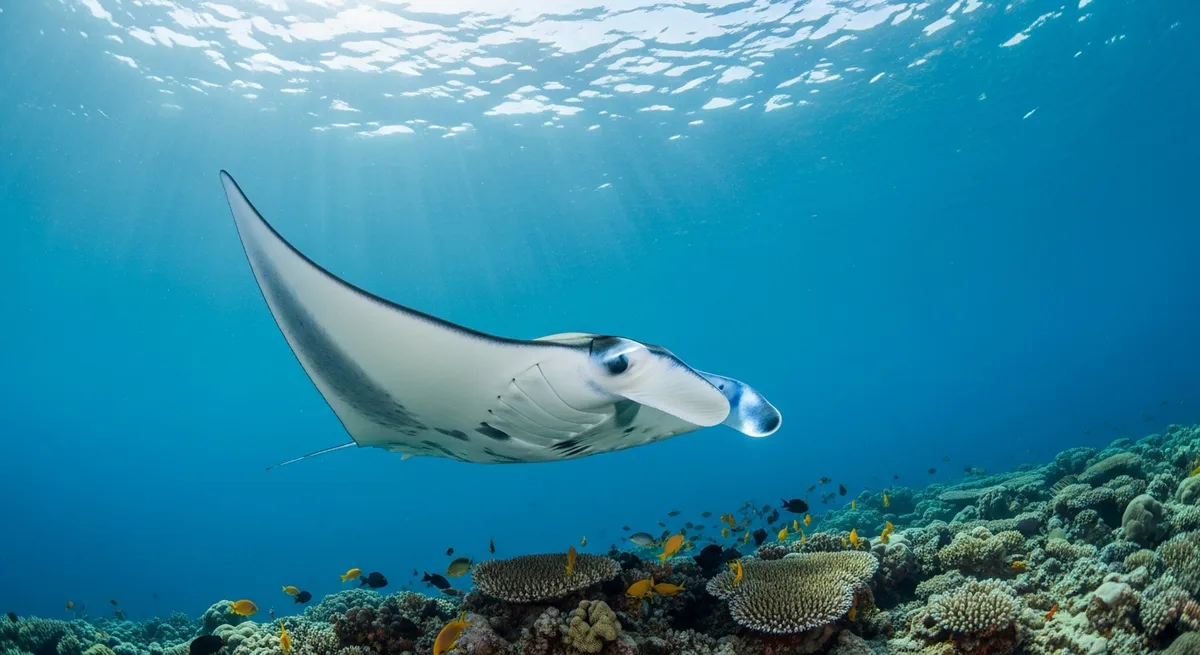 Reef manta ray gliding over coral at Manta Point, Komodo National Park