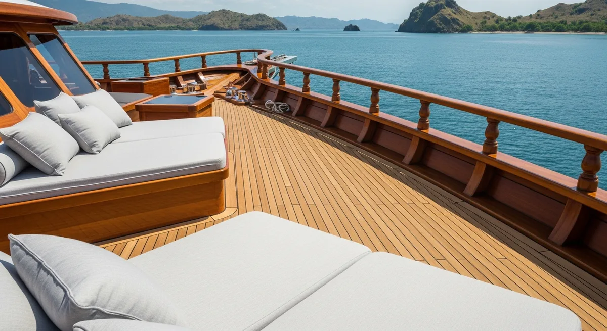 Teak sundeck of a Komodo phinisi yacht cruising past islands